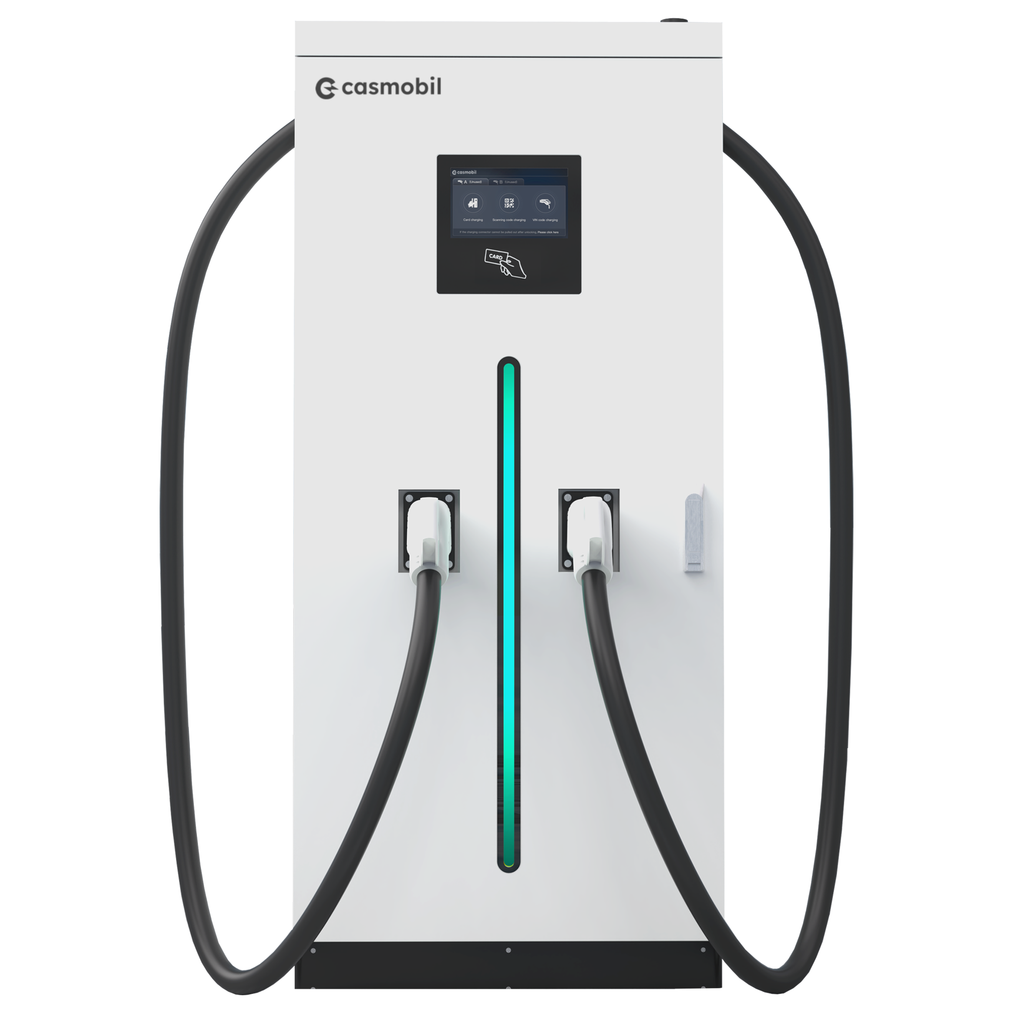 dual gun DC ultra-fast charger with 2x150kW DC Output, featuring a sleek and durable design, dual DC connectors, a single AC connector, advanced LED indicators, and a user-friendly interface for rapid charging in high-traffic commercial or public EV stations.