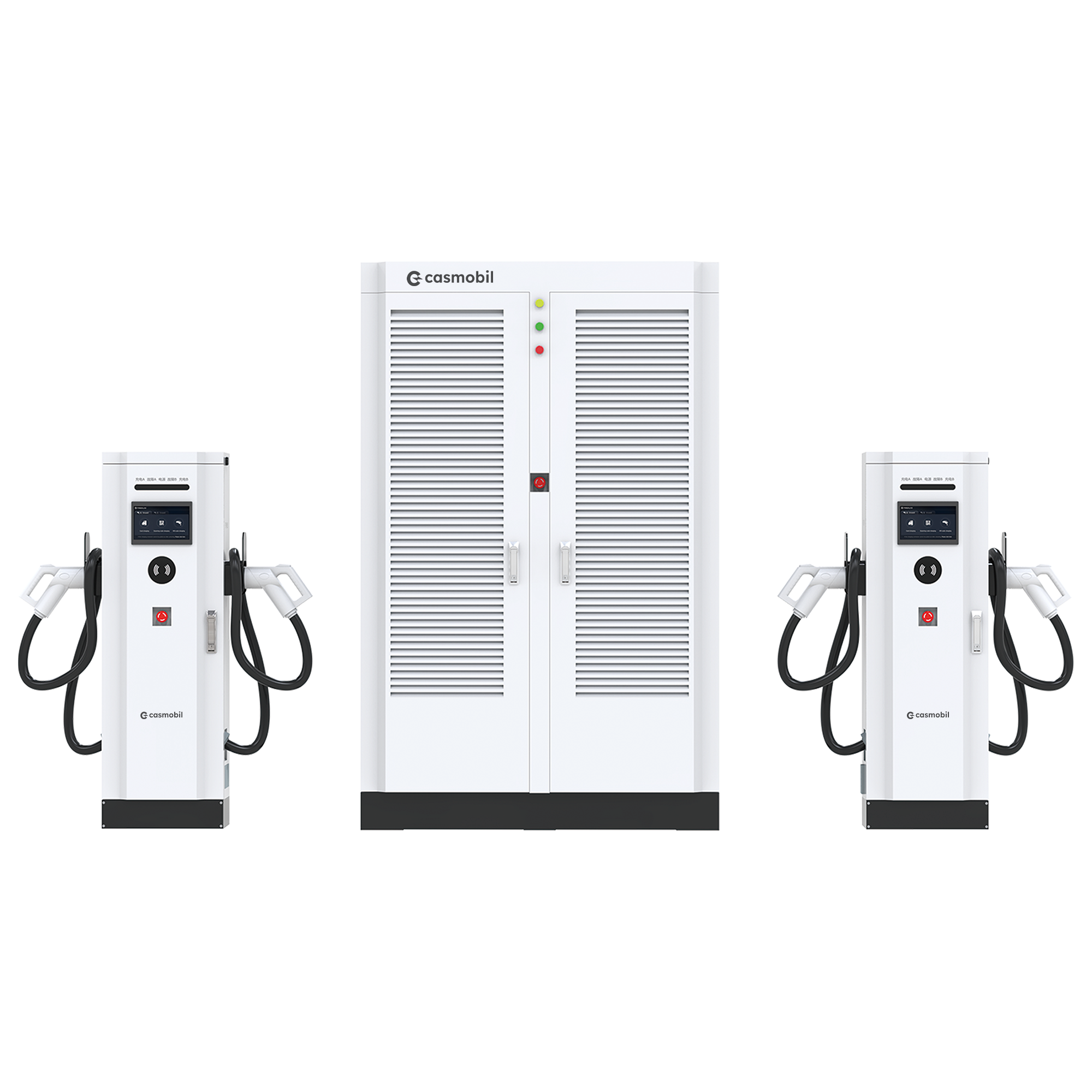 Dual gun DC ultra-fast charger with 2x180kW DC and 22kW AC output, featuring a sleek and durable design, dual DC connectors, a single AC connector, advanced LED indicators, and a user-friendly interface for rapid charging in high-traffic commercial or public EV stations.