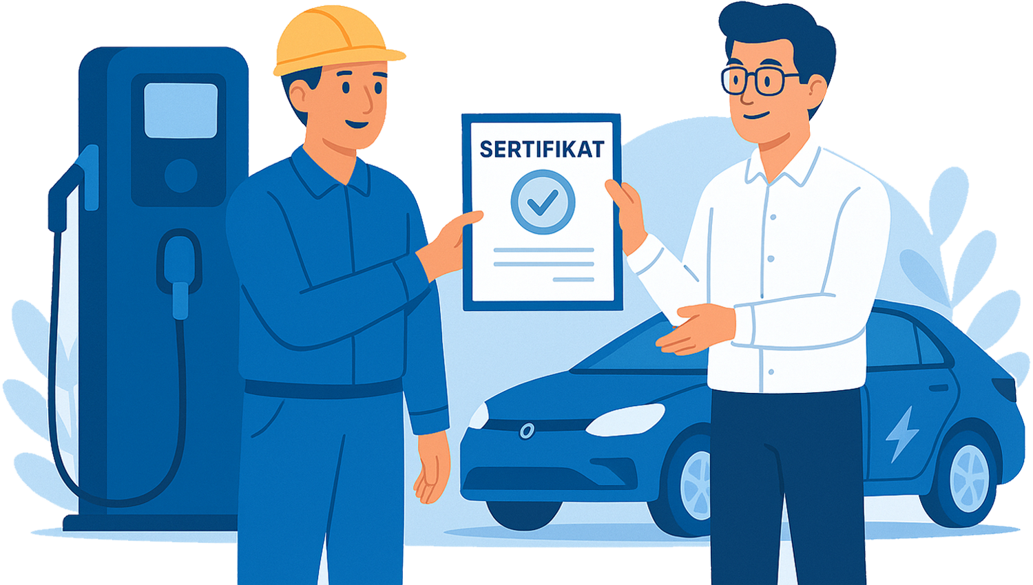 Ilustrasi gaya datar yang menunjukkan teknisi pengisi daya EV menyerahkan sertifikat NIDI SLO kepada pelanggan, dengan kendaraan listrik dan pengisi daya terpasang di latar belakang—memvisualisasikan proses sertifikasi untuk pemasangan pengisi daya EV di Indonesia.