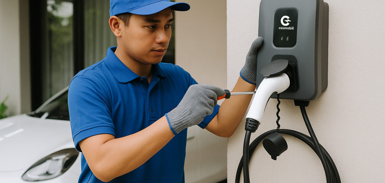 Teknisi Casmobil sedang dalam proses pemasangan EV charger di garasi rumah pelanggan di Jabodetabek. Teknisi bekerja dengan profesionalisme tinggi untuk memastikan instalasi aman dan optimal.