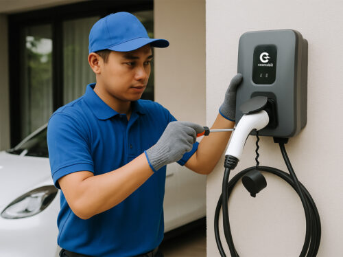Teknisi Casmobil sedang dalam proses pemasangan EV charger di garasi rumah pelanggan di Jabodetabek. Teknisi bekerja dengan profesionalisme tinggi untuk memastikan instalasi aman dan optimal.