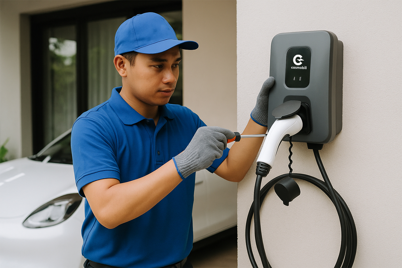 Teknisi Casmobil sedang dalam proses pemasangan EV charger di garasi rumah pelanggan di Jabodetabek. Teknisi bekerja dengan profesionalisme tinggi untuk memastikan instalasi aman dan optimal.